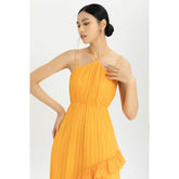 Silk Organza Pleated Maxi Dress with Cross-Strap Neckline and Asymmetrical Ruffle Detail
